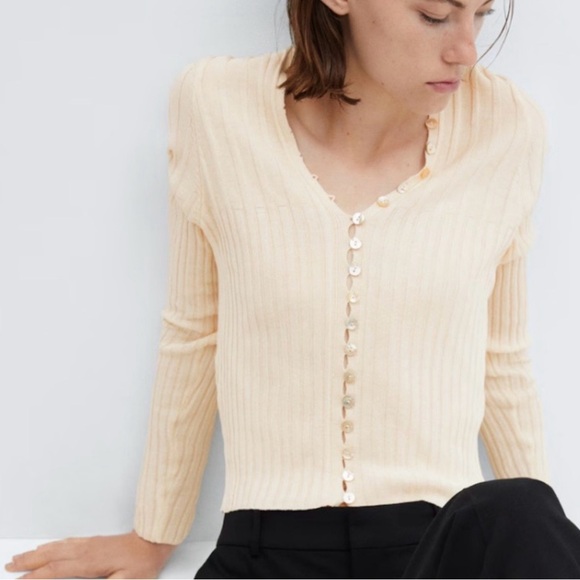 Mango Cream Ribbed Button-Front Cardigan - Picture 2 of 8